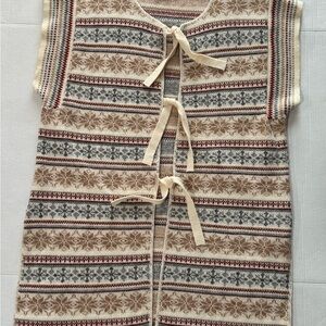 Vintage Y2K Nordic Knit Women's Vest with Tie Front - Neutral Fair Isle Pattern